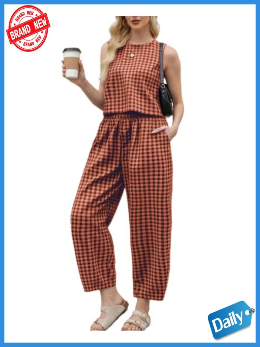 Women's Cotton Gingham 2-Piece Sleeveless Tank & Wide-Leg Pants Set